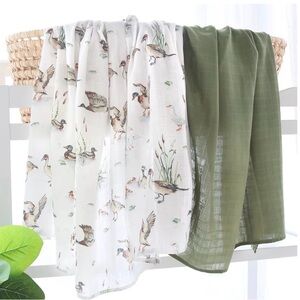Duck-Themed Muslin Swaddle Blanket in Olive and White